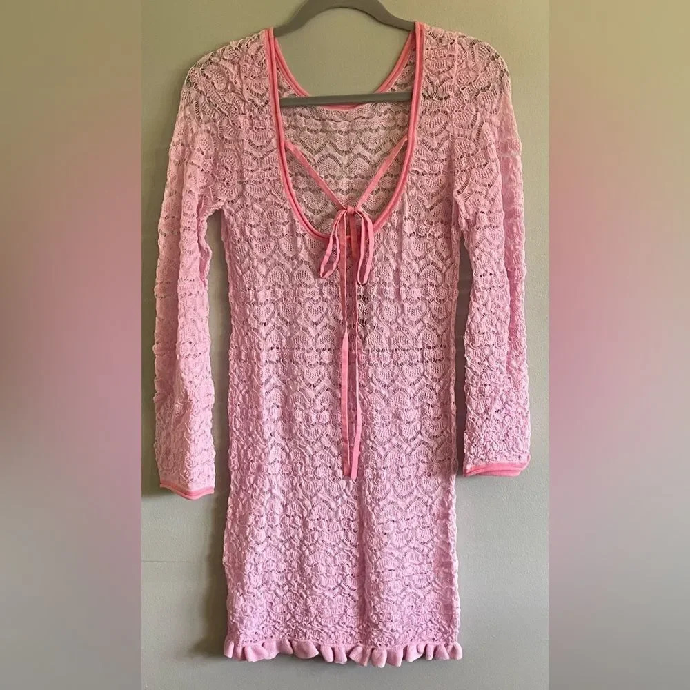 J Crew Limited Edition Barbie Pink Open Back Lace Mini Dress Size Medium